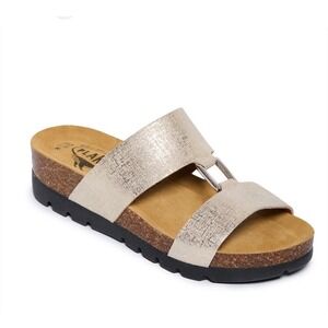 Plakton Clarissa Two-Strap Slip-on Sandals Gold Crinkle US 8 EU 39 $120 NEW!